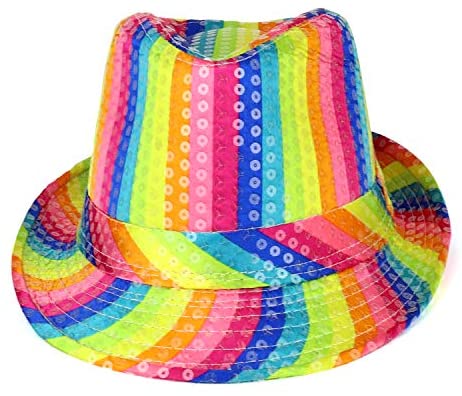 Trendy Apparel Shop Colorful Rainbow Striped Shiny Sequin Fedora Hat - Rainbow
