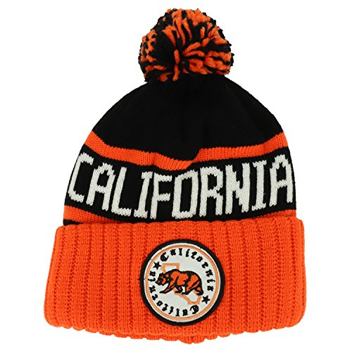 Trendy Apparel Shop California Emblem Embroidered Pom Pom Thick Cuff Beanie