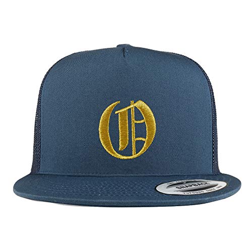 Trendy Apparel Shop Old English Gold O Embroidered 5 Panel Flatbill Trucker Mesh Cap