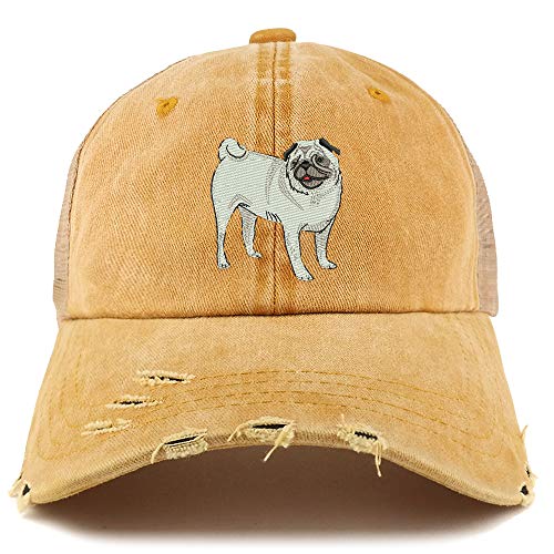Trendy Apparel Shop Pug Dog Embroidered Frayed Bill Trucker Mesh Back Cap
