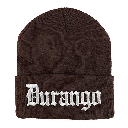 Trendy Apparel Shop Old English Durango White Embroidered Acrylic Knit Beanie Cap