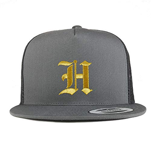 Trendy Apparel Shop Old English Gold H Embroidered 5 Panel Flatbill Trucker Mesh Cap