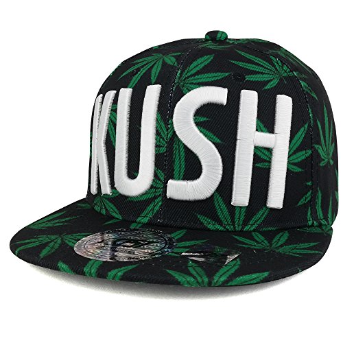 Trendy Apparel Shop Marijuana Leaf Print Flatbill Adjustable Snapback Cap with 3D Embroidery