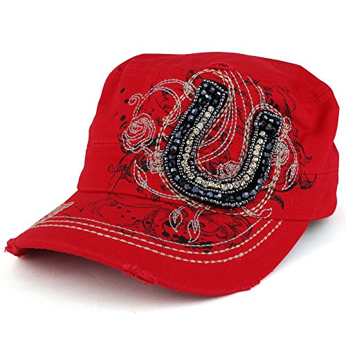Trendy Apparel Shop Fancy Horseshoe Cubic Stone Decorated Flat Top Style Flat Top Army Cap