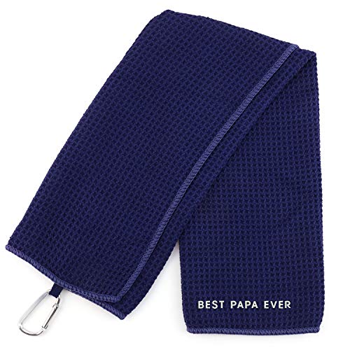 Trendy Apparel Shop Best Papa Ever One Line Embroidered Trifold Waffle Textured Microfiber Gold Towel with Carabiner