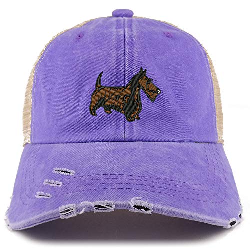 Trendy Apparel Shop Scottish Terrier Dog Embroidered Frayed Bill Trucker Mesh Back Cap