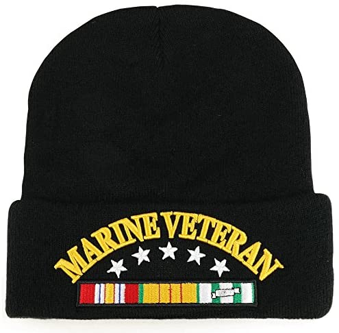 Trendy Apparel Shop Marine Veteran Military Ribbon 3D Embroidered Long Cuff Beanie Cap - Black