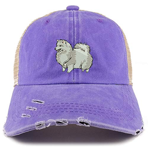 Trendy Apparel Shop Spitz Dog Embroidered Frayed Bill Trucker Mesh Back Cap