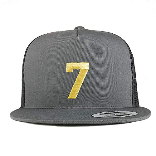 Trendy Apparel Shop Number 7 Gold Thread Embroidered Flat Bill 5 Panel Trucker Cap