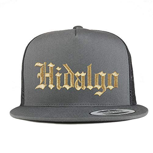 Trendy Apparel Shop Old English Hidalgo Gold Embroidered 5 Panel Flatbill Trucker Mesh Cap