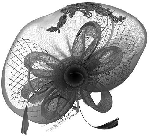 Trendy Apparel Shop Horsehair Lace Overlay Fascinator with Flower Loops Mesh Net