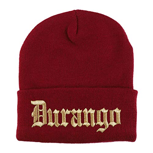 Trendy Apparel Shop Old English Durango Gold Embroidered Acrylic Knit Beanie Cap