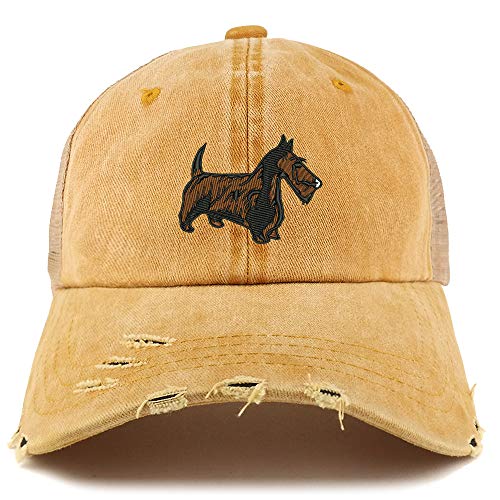 Trendy Apparel Shop Scottish Terrier Dog Embroidered Frayed Bill Trucker Mesh Back Cap
