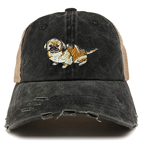 Trendy Apparel Shop Pekingese Dog Embroidered Frayed Bill Trucker Mesh Back Cap