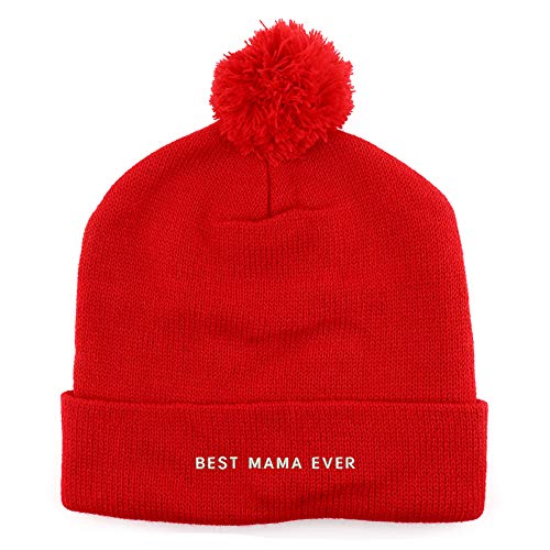 Trendy Apparel Shop Best Mama Ever Embroidered Solid Winter Cuff Beanie Hat with Pom Pom
