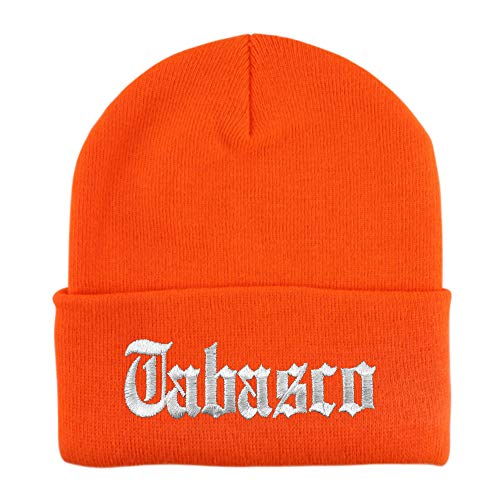 Trendy Apparel Shop Old English Tabasco White Embroidered Acrylic Knit Beanie Cap