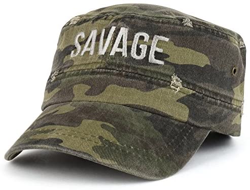 Trendy Apparel Shop Savage Embroidered Camouflage Frayed Flat Top Style Army Cap - Green Camo