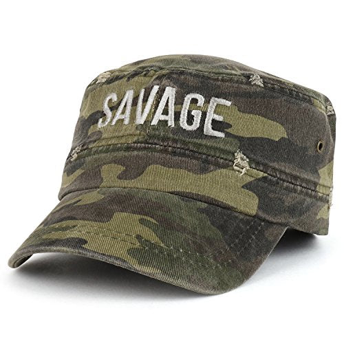 Trendy Apparel Shop Savage Embroidered Camouflage Frayed Flat Top Style Army Cap - Green Camo