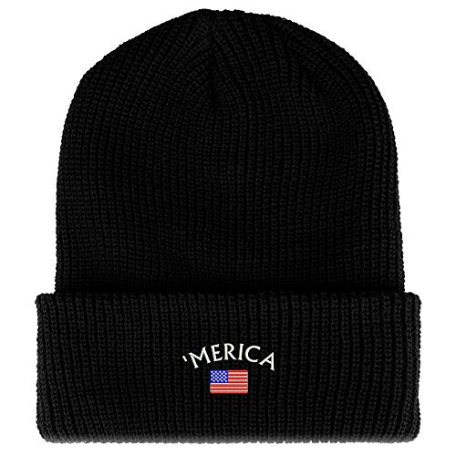 Trendy Apparel Shop Merica Small American Flag Embroidered Ribbed Cuffed Knit Beanie