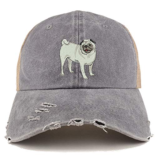 Trendy Apparel Shop Pug Dog Embroidered Frayed Bill Trucker Mesh Back Cap