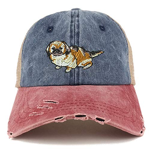 Trendy Apparel Shop Pekingese Dog Embroidered Frayed Bill Trucker Mesh Back Cap