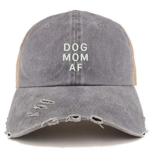 Trendy Apparel Shop Dog Mom AF Washed Front Mesh Back Frayed Bill Trucker Cap
