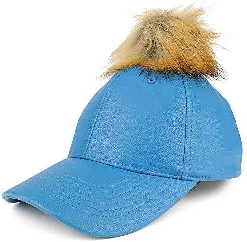 Trendy Apparel Shop Plain PU Leather Unstructured Baseball Cap with Fur Pom