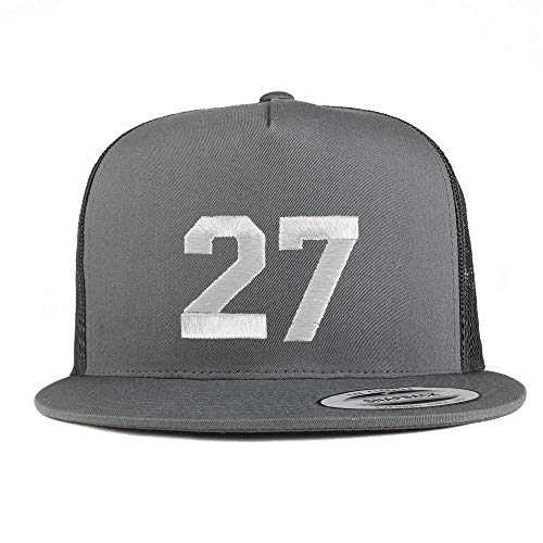 Trendy Apparel Shop Number 27 White Thread Embroidered Flat Bill 5 Panel Trucker Cap