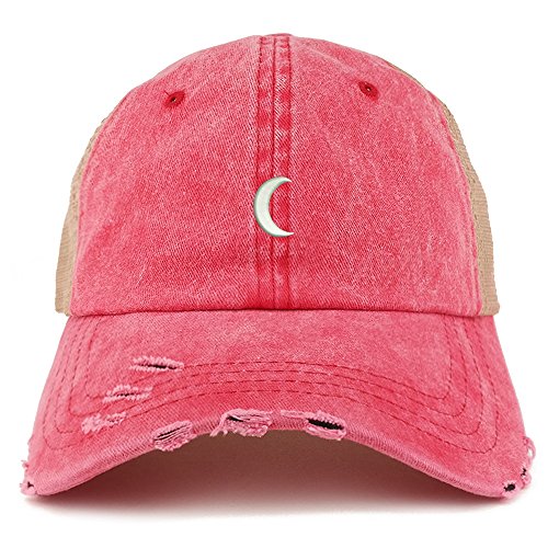 Trendy Apparel Shop Crescent Moon Embroidered Frayed Bill Trucker Mesh Back Cap