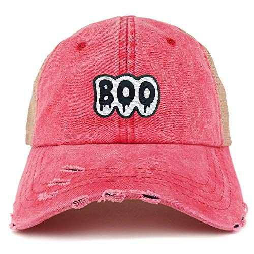 Trendy Apparel Shop Boo Patch Pigment Dyed Mesh Back Frayed Bill Trucker Cap