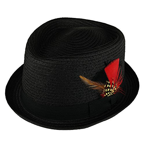 Trendy Apparel Shop Men's Pork Pie Straw Fedora Hat with Feather Grosgrain Hat Band