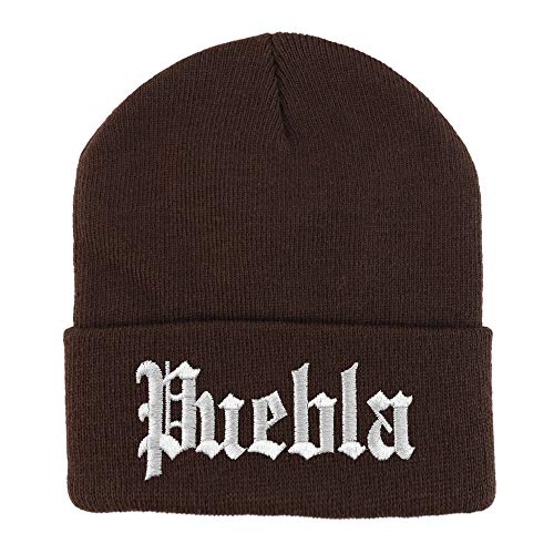 Trendy Apparel Shop Old English Puebla White Embroidered Acrylic Knit Beanie Cap