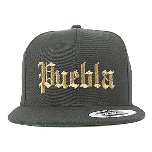 Trendy Apparel Shop Old English Puebla Gold Embroidered Flatbill Snapback Baseball Cap