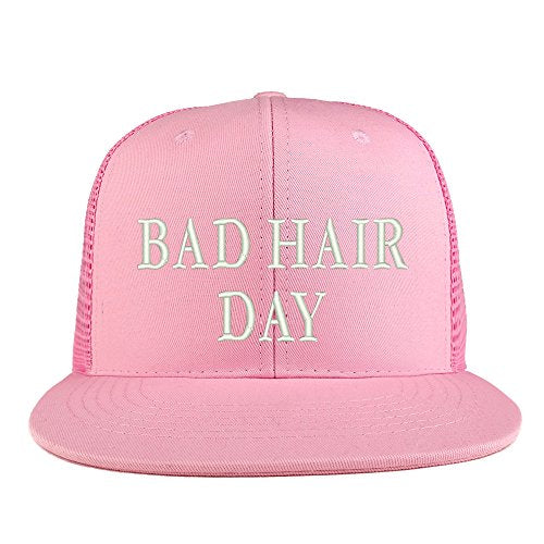 Trendy Apparel Shop Bad Hair Day Embroidered Cotton Flat Bill Mesh Back Trucker Cap