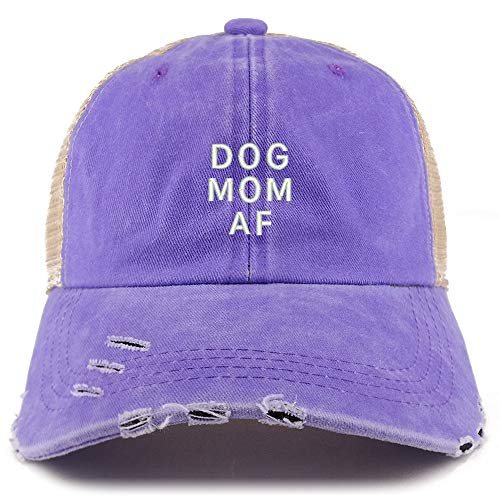 Trendy Apparel Shop Dog Mom AF Washed Front Mesh Back Frayed Bill Trucker Cap