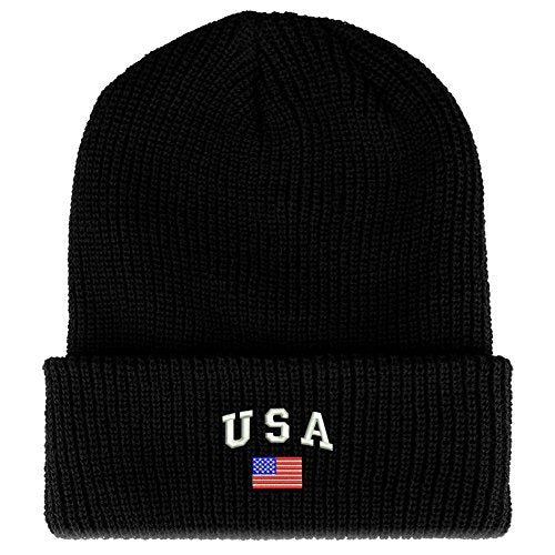 Trendy Apparel Shop American Flag and USA Embroidered Ribbed Cuffed Knit Beanie