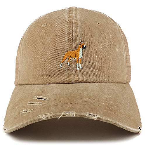 Trendy Apparel Shop Boxer Dog Embroidered Frayed Bill Trucker Mesh Back Cap
