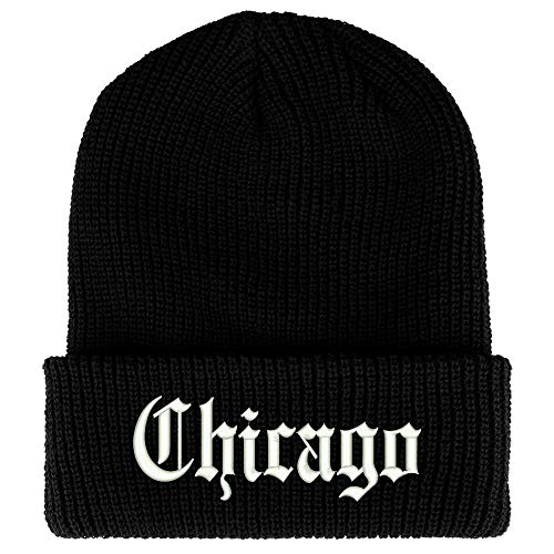 Trendy Apparel Shop Old English Font Chicago City Embroidered Ribbed Cuff Knit Beanie