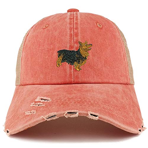 Trendy Apparel Shop Australian Terrier Dog Embroidered Frayed Bill Trucker Mesh Back Cap