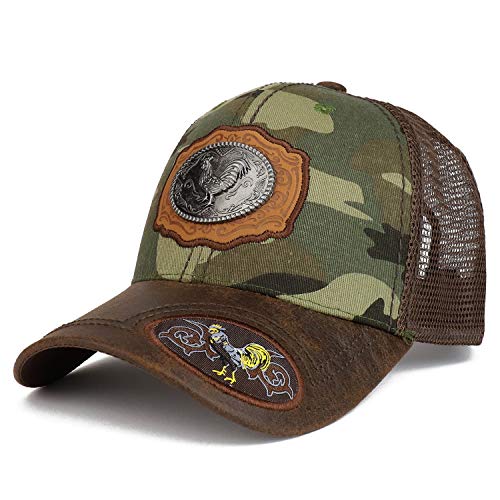 Trendy Apparel Shop Metallic Rooster Emblem Leather Patch Trucker Baseball Cap