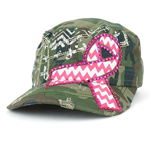Trendy Apparel Shop Stoned Pink Ribbon Breast Cancer Awareness Flat Top Hat
