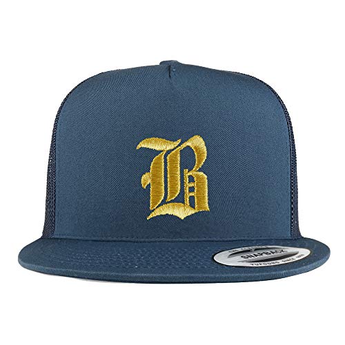 Trendy Apparel Shop Old English Gold B Embroidered 5 Panel Flatbill Trucker Mesh Cap