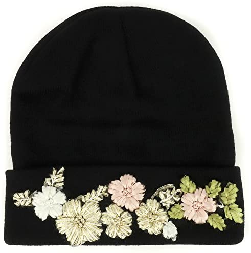 Trendy Apparel Shop Women's Knitted Cuffed Beanie Hat with Floral Trim