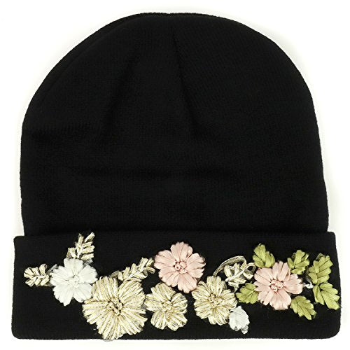 Trendy Apparel Shop Women's Knitted Cuffed Beanie Hat with Floral Trim
