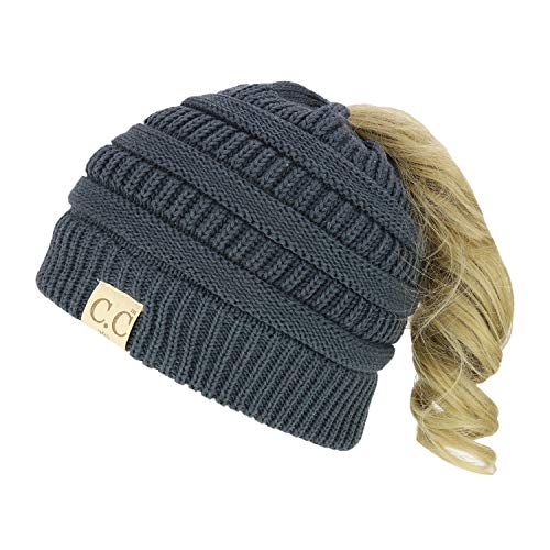 Trendy Apparel Shop Women's Lightweight Ribbed Knit 365 Stretchable Ponytail Beanie Cap