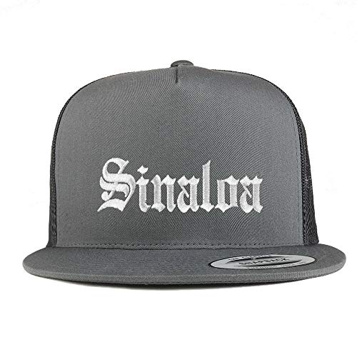 Trendy Apparel Shop Old English Sinaloa White Embroidered 5 Panel Flatbill Trucker Mesh Cap