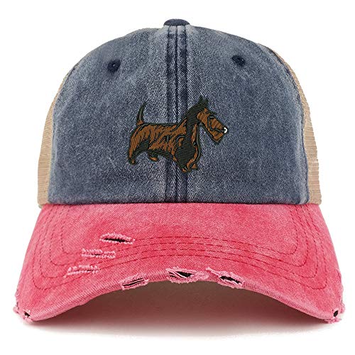 Trendy Apparel Shop Scottish Terrier Dog Embroidered Frayed Bill Trucker Mesh Back Cap