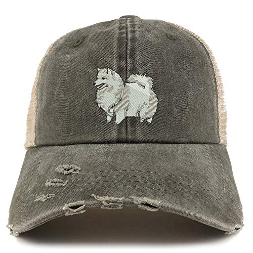 Trendy Apparel Shop Spitz Dog Embroidered Frayed Bill Trucker Mesh Back Cap