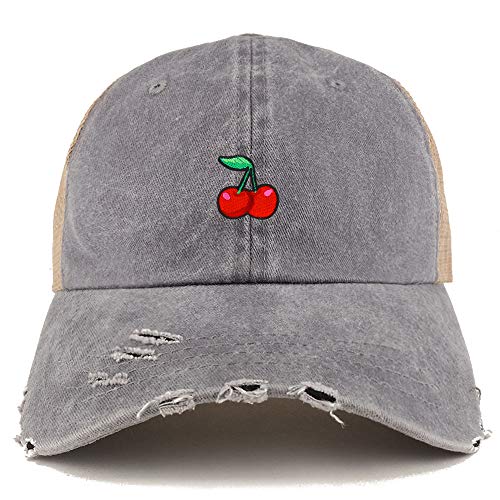 Trendy Apparel Shop Cherry Patch Pigment Dyed Mesh Back Frayed Bill Trucker Cap