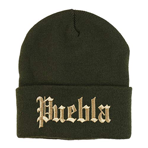 Trendy Apparel Shop Old English Puebla Gold Embroidered Acrylic Knit Beanie Cap